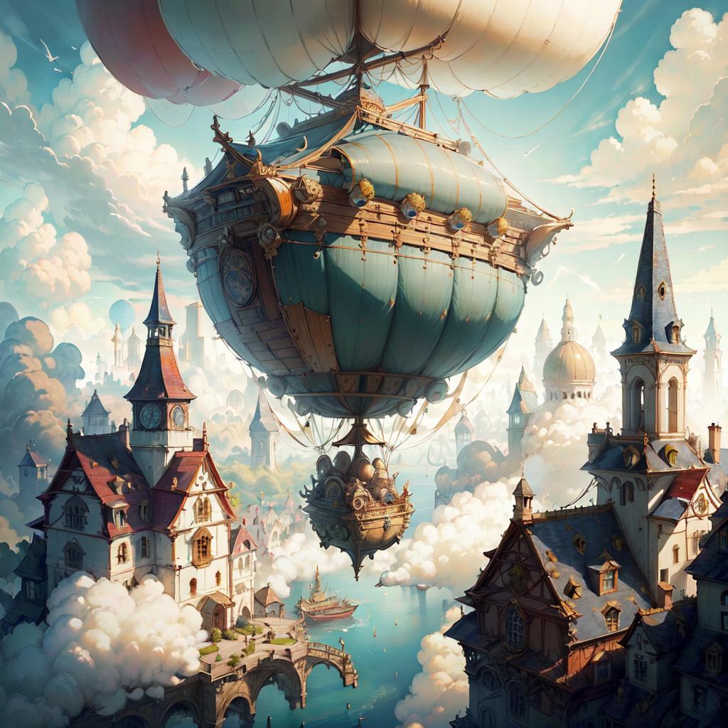 There is a large balloon flying over a small town in the sky - SeaArt AI