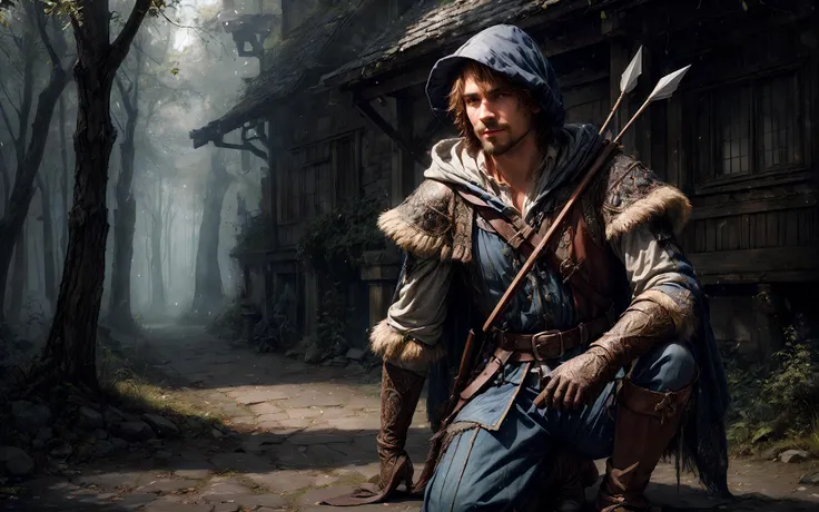 masterpiece, epic, majestic, best quality, very high resolution, 8k, hdr, digital photography, dynamic pose, glamourous middle-aged (male Baniwa:1.2) assassin, aquamarine eyes, (yellow hair, short hair:1.1), looking at camera with a charmed expression, looking at viewer, solo, establishing shot, detailed background, detailed face, (<lora:MusketPunkAI:0.6>, MusketPunkAI theme:1.1), robin hood, light smile, beautiful landscape, kneeling on one knee, medieval fantasy setting, high fantasy, gray furred leather clothes, capelet, gloves, hood, pouches, belt, dark forest, stones,,rocks,, leaves mystical totems, butterflies, arrows in quiver, enchanted aura, snow, dew,, (iridescent:0.7), (transparent:0.8), (translucid:0.8), (reflection:0.6), (refraction:0.3), (diffraction:0.3), (caustics:0.3), volumetric lights, volumetric shadows, (subsurface scatering:0.4), physically based rendering, (intricate details:1.3), hyperdetailed, ultrarealistic, (sharp focus:1.2) <lora:hyperdenoiser_v090:1.5> <lora:add_detail:1.5>