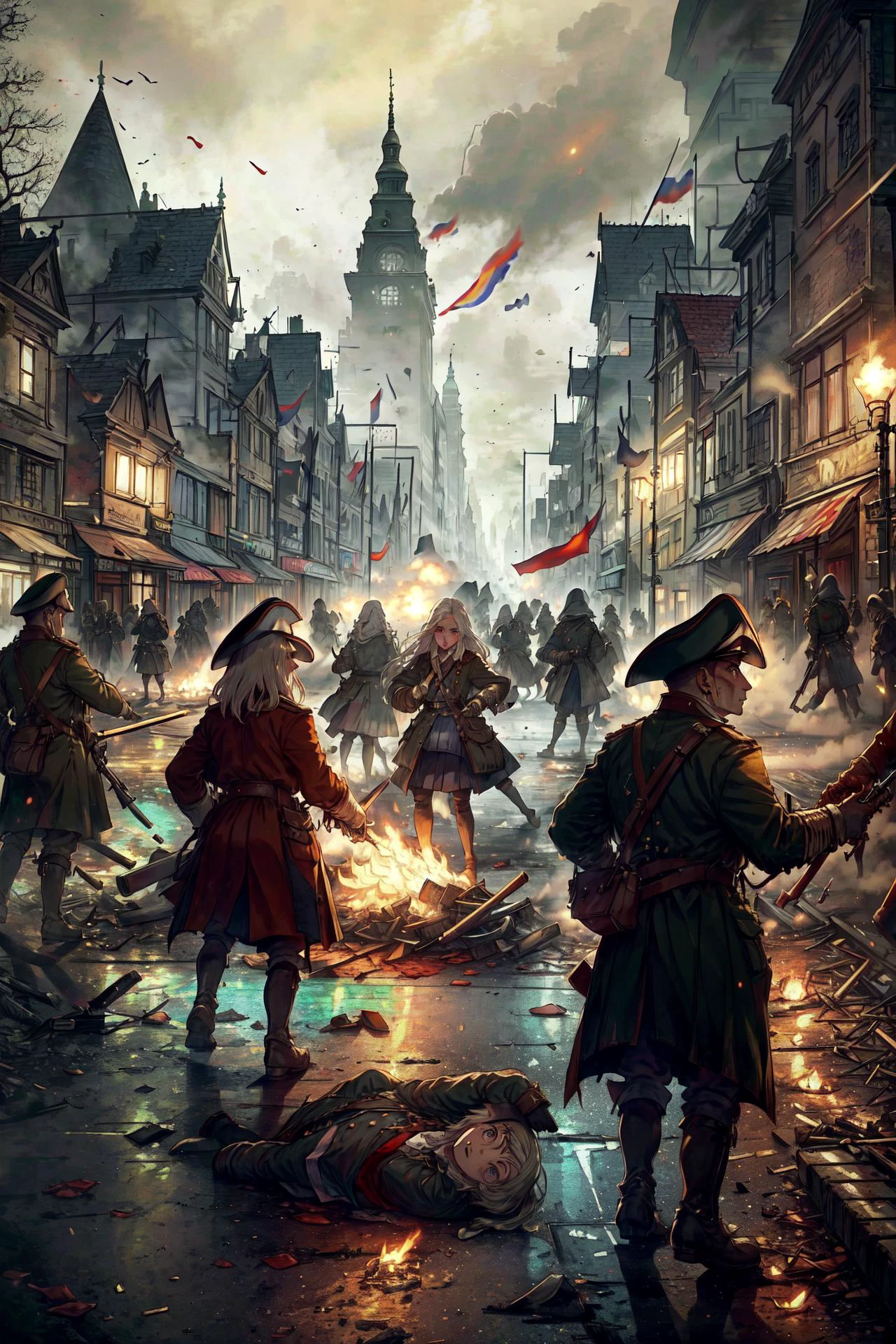 (masterpiece), best quality, expressive eyes, perfect face BRAKE (((background, destroyed city, city defense, barricades,))) BRAKE Warsaw rise Do you remember when, when the Nazis forced their rule on Poland 1939 and the allies turned away From the underground rose a hope of freedom as a whisper City in despair, but they never lost their faith Women, men and children fight They were dying side by side And the blood they shed upon the streets Was a sacrifice willingly paid Warsaw city at war Voices from underground, whispers of freedom 1944 help that never came Calling Warsaw city at war Voices from underground, whispers of freedom Rise up and hear the call History calling to you, 'Warszawo, walcz!' Spirit soul and heart In accordance with the old traditions 1944 still the allies turn away Fighting street to street In a time of hope and desperation Did it on their own and they never lost their faith Women, men and children fight They were dying side by side And the blood they shed upon the streets Was a sacrifice willingly paid Warsaw city at war Voices from underground, whispers of freedom 1944 help that never came Calling Warsaw city at war Voices from underground, whispers of freedom Rise up and hear the call History calling to you, 'Warszawo, walcz!' All the streetlights in the city Broken many years ago Break the curfew, hide in sewers Warsaw, it's time to rise now All the streetlights in the city Broken many years ago Break the curfew, hide in sewers Warsaw, it's time to rise now Warsaw city at war Voices from underground, whispers of freedom 1944 help that never came Calling Warsaw city at war Voices from underground, whispers of freedom Rise up and hear the call History calling to you, 'Warszawo, walcz!', MusketPunkAI, <lora:MusketPunkAI:1>