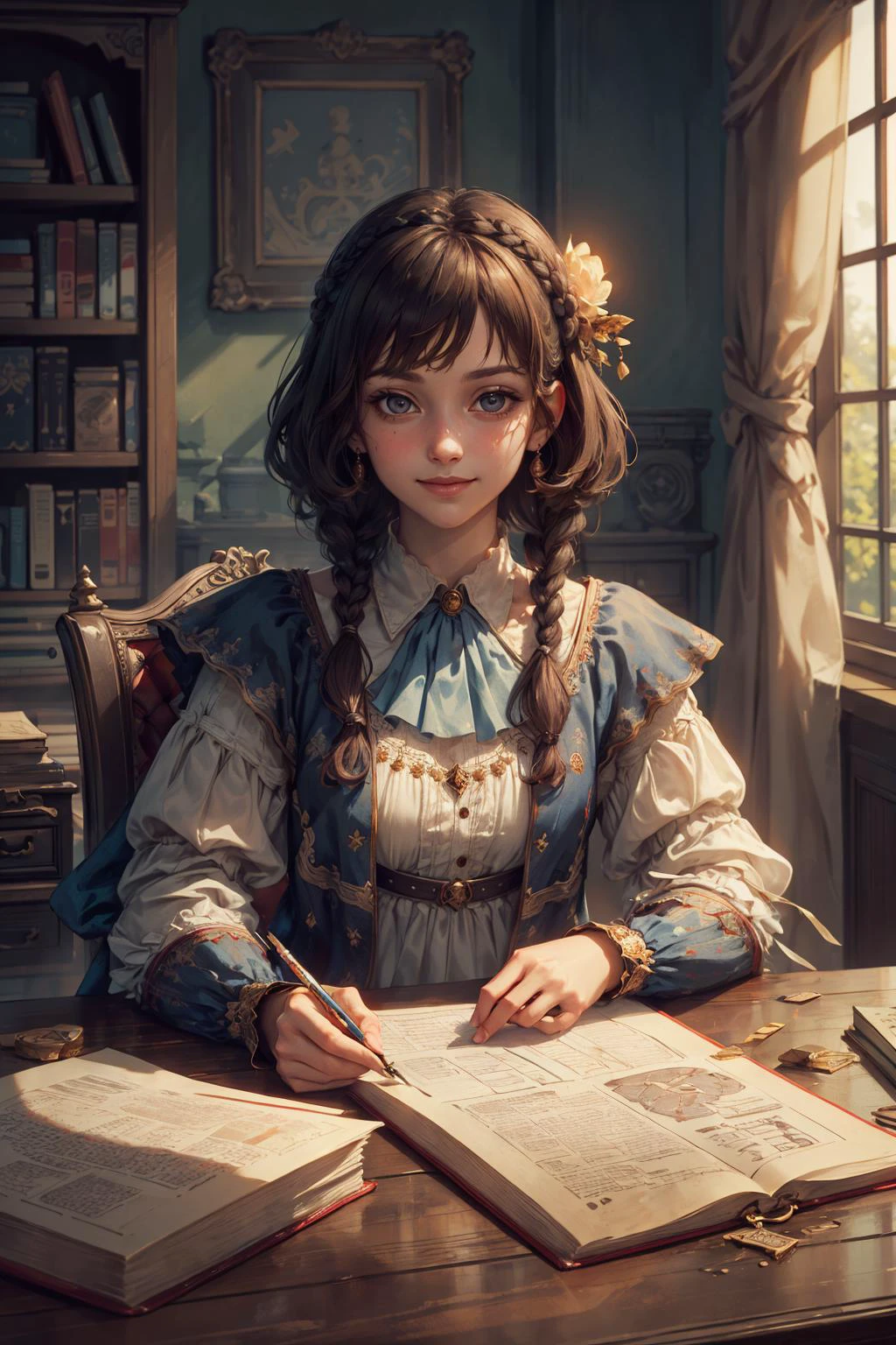 portrait, (masterpiece:1.1), (highest quality:1.1), (HDR:1.0),
1 girl, adult (elven:0.7) woman, aquamarine eyes, dark brown dutch braid,
portrait, solo, half shot, looking at viewer, detailed background, detailed face, intricate details, (<lora:MusketPunkAI:0.6>, MusketPunkAI theme:1.1) scholar sitting at desk, simple clothes, reading, smiling, surrounded by books, papers, maps, runes, abacus, formulas, magic aura, floating magical symbols, magic emerging from text, (style-swirlmagic:1.0), intelligence, study room in background, magical light, ethereal atmosphere,