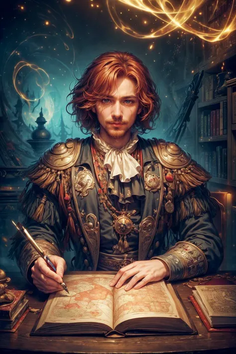 (masterpiece, top quality, best, official art, beautiful and aesthetic, long exposure:1.2), luminous trails, fluid movement, captivating patterns, creative experimentation, visual chaos, <lora:add_detail:1> <lora:priconne_mypage_1-counterfeit:0.3>,
(1man, masculine adult welsh male:1.2), coral eyes, auburn hair, temp fade,
portrait, solo, half shot, looking at viewer, detailed background, detailed face, intricate details, (<lora:MusketPunkAI:0.6>, MusketPunkAI theme:1.1) novice sitting at desk, writing, smiling, surrounded by books, maps, glowing magical symbols, ledger, formulas, floating magical symbols, magic emerging from text, (style-swirlmagic:1.0), knowledge, discovery, thought, library in background, filtered light, magical fantasy atmosphere,