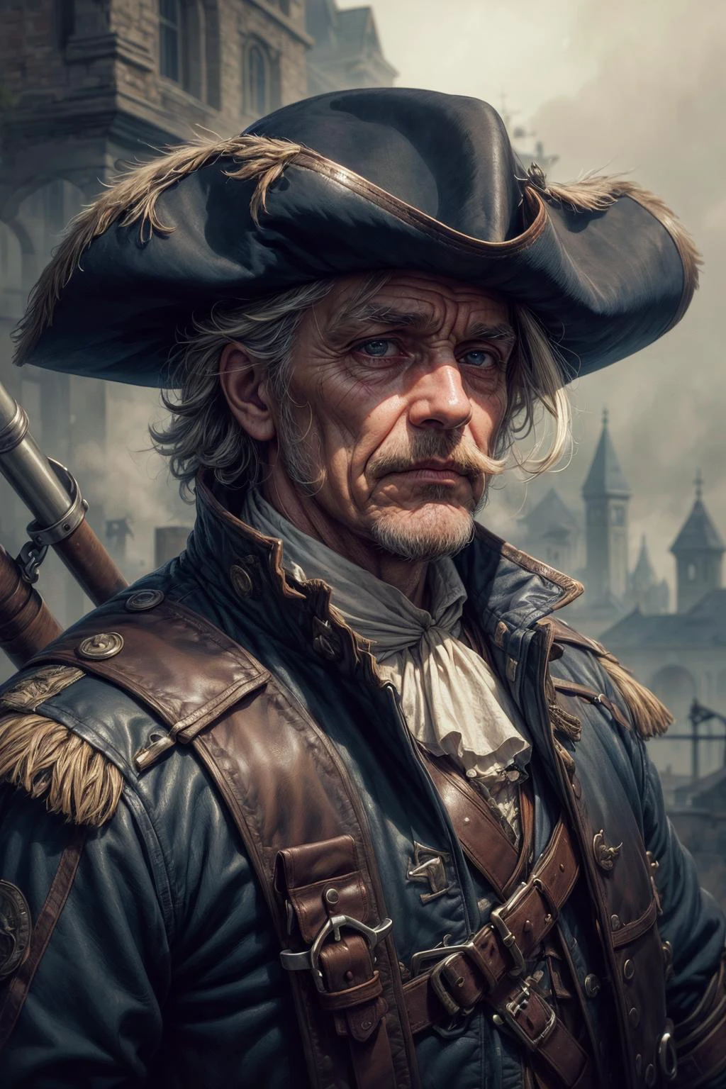 <lora:add_detail:1>
(1man, wrinkled face, old male:1.2), wise, grey-blue eyes, graying hair, undercut,
portrait, solo, upper body, detailed background, detailed face, (<lora:MusketPunkAI:0.6>, MusketPunkAI theme:1.1), explorer, sneaking, courageous, tattered leather clothes, coat, amulet, belt, (abandoned:0.7) cliff edge background, mist, occult, epic atmosphere,