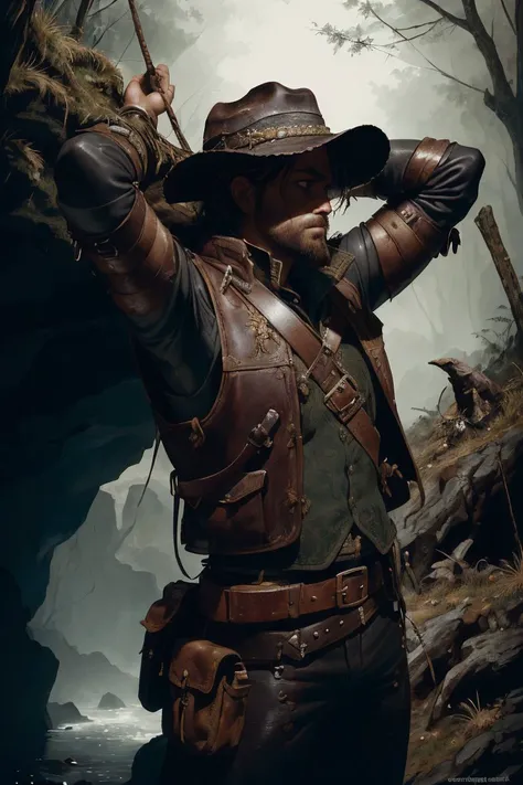 ASCIIportrait, solo, upper body, detailed background, detailed face, (<lora:musketpunkai:0.6>, MusketPunkAI theme:1.1), explorer, spelunking, courageous, worn-out leather clothes, vest, wide brim hat, straps, rope, (abandoned:0.7) dark cave background, moss, torchlight, ominous, dark epic atmosphere,