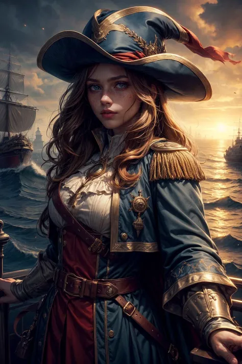 <lora:add_detail:1>
1 girl, adult (elven:0.7) woman, freckles, light blue eyes, copper half-up half-down hairstyle,
solo, upper body, looking down, detailed background, detailed face, (<lora:MusketPunkAI:0.6>, MusketPunkAI theme:1.1), ship captain, serious, dark red captain uniform, elegant cloak, captain hat, decorations, dynamic pose, on deck of ship, anchor, waves on the horizon, dawn, dramatic lighting, strategy, epic atmosphere,