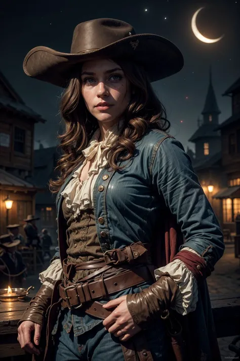 RAW photo, high quality, <lora:add_detail_v5:0.8>,
1 girl, adult (elven:0.7) woman, freckles, light blue eyes, medium brown lob hair,
(bloody scars:0.7), looking at viewer, focus on character, solo, (full body:0.6), detailed face, (<lora:MusketPunkAI:0.6>, MusketPunkAI theme:1.1), bandit, wild west hat, tilted hat, (cape:0.8), necklace, determined gaze, 19th century wild west, wild west era saloon interior with wanted poster in background, tumbleweed, nighttime, moonlit sky, epic atmosphere, arid,