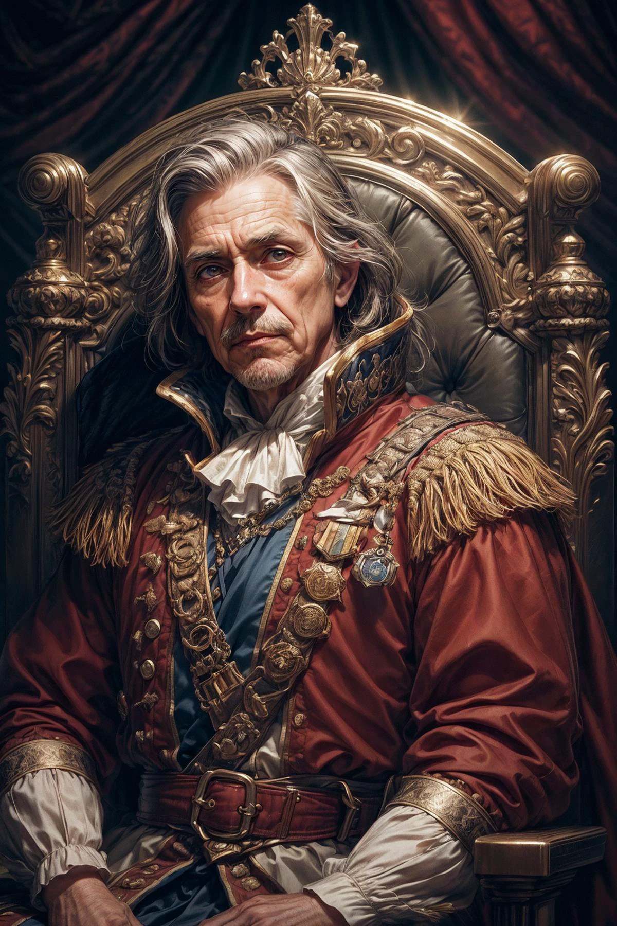 <lora:add_detail:1>
(1man, old male:1.2), wise, hazel eyes, graying hair, side-swept fringe,
portrait, character focus, looking up, solo, half shot, detailed background, detailed face, (<lora:MusketPunkAI:0.6>, MusketPunkAI theme:1.1), royal monarch, sitting on throne, throne room background, symmetrical composition, sidelighting, cinematic atmosphere, royal crown,
<lora:FujiVelvia50:0.4>,