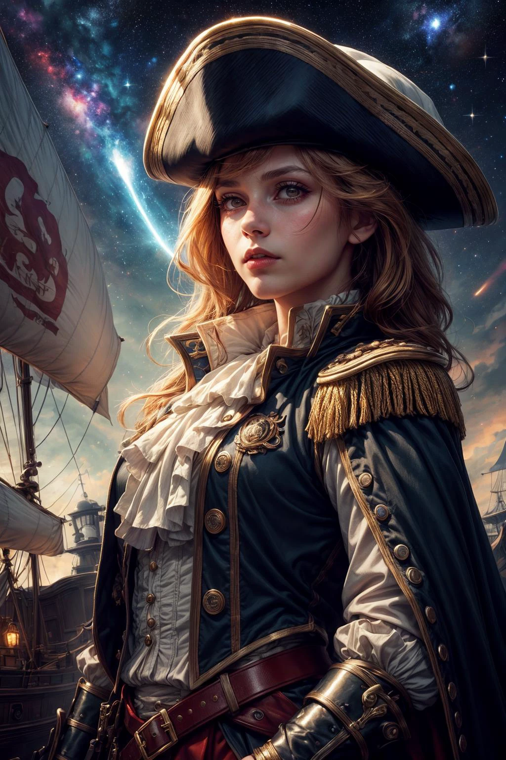 <lora:add_detail:1>
1 girl, adult woman, brown eyes, dark blonde fishtail braid,
Style-GravityMagic, solo, (full body:0.6), looking up, detailed background, detailed face, (<lora:MusketPunkAI:0.6>, MusketPunkAI theme:1.1), admiral, calm, dark red captain uniform, elaborate cape, bicorn hat, decorations, dynamic pose, in port, sails, rigging, ship's bell, island on the horizon, starry sky, dramatic lighting, strategy, tense atmosphere,