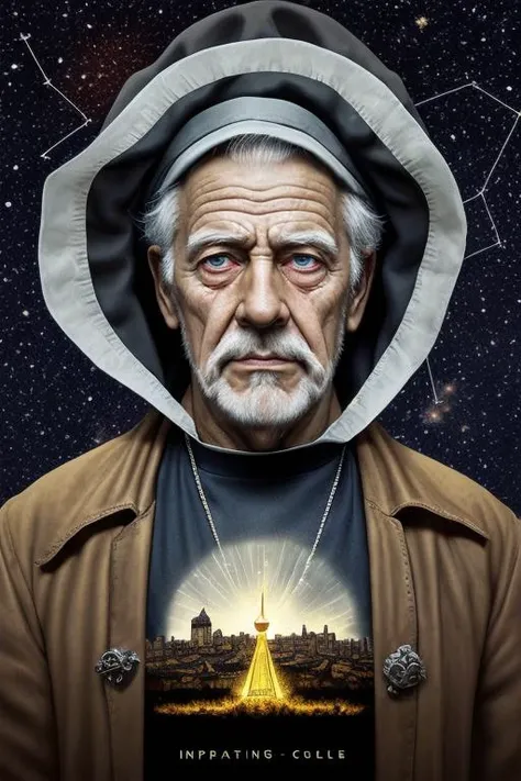 best quality,masterpiece,(1man, wrinkled face, old hungarian male:1.2), dark brown eyes, gray hair, straight hair, focus on character, solo, (style-rustmagic:0.8), solo, upper body, detailed face,decorative religious style, byzantine theme,ancient wanderer,(glowing eyes:1.0),(mocking ridicule,:1.05),dramatic pose,patched gown,hood,ethereal artifact of earthcommanding ribbons of time,hovering arrangements,pulse-emitting cells scattered throughout,imperial insignia,outdoors, walls,tower in background,dark night, star constellations,clear sky,low light,,