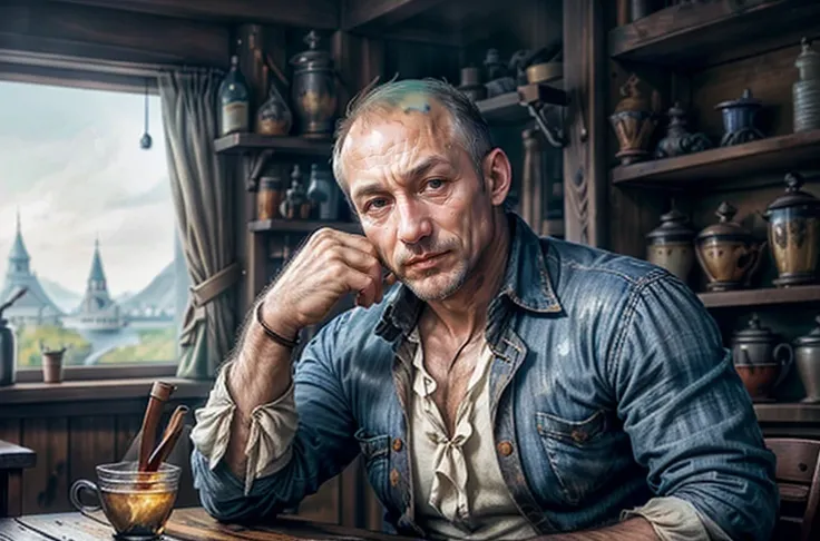 k0nstant1n_n0texist-a-man solo half-shot looking-away detailed-background detailed-face ( <lora:MusketPunkAI:0.6> MusketPunkAI-theme:1.1)-smile server simple-Ice-blue-clothes rustic-tavern-interior-in-background worn-out-wooden-furniture counter goblet wine-rack fantasy-atmosphere <lora:add_detail:0.75> <lora:sharpen-soften:-0.2> <lora:stylesqueeze_v2:0.25> <lora:realistic:0.25> illustration best-quality beautiful-and-aesthetic fine-details high-resolution UHD low-saturation sharp-focus cinematic-shadows
