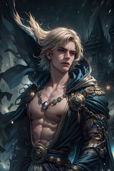 (Absurdres, Intricate Details, Masterpiece, Best Quality, High Resolution, 8k), GS-DeFeminize, (1man), (male:1.2), old, dashing face, finely detailed eyes and face, lean body, masculine appeal, commanding presence, broad and well-defined pectoral muscles, chiseled six-pack of abs, porcelain skin, finely detail eyes and face, light blonde blunt cut hair, aquamarine eyes, frustrated, portrait, solo, upper body, detailed background, detailed face, (<lora:MusketPunkAI:0.6>, MusketPunkAI theme:1.1), silver winter warrior, stoic expression, guardian, dynamic pose, hooded robe, cape, floating ice shards, cold, windy background, cave in background low light, dark night, epic atmosphere, <lora:ChronomancyAI:0.5>, ChronomancyAI, chronomancy, convoluted, Depth of Field, VFX.