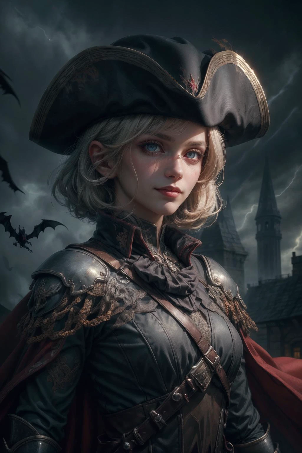 (masterpiece, best quality:1.4), (beautiful, aesthetic, perfect, delicate, intricate:1.2), <lora:more_details:0.75>, <lora:sharpen-soften:-0.25>, <lora:realistic:0.25>,
1 girl, adult (elven:0.7) woman, coral eyes, white lob hair,
solo, half shot, detailed background, detailed face, (<lora:MusketPunkAI:0.6>, MusketPunkAI theme:1.1), (glowing eyes:1.05), evil smile, dark warrior, betrayer, red clothes, chained armor, cape, bats in background, dark tower in background, dark sinister atmosphere, stormclouds, dark night,