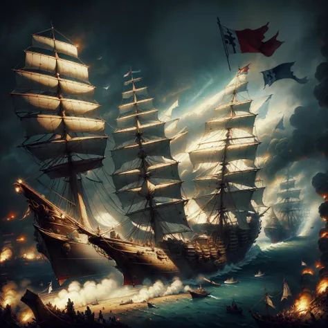 The Battle of Trafalgar,1805 by Clarkson Frederick Stanfield, MusketPunkAI,<lora:MusketPunkAI:0.8>