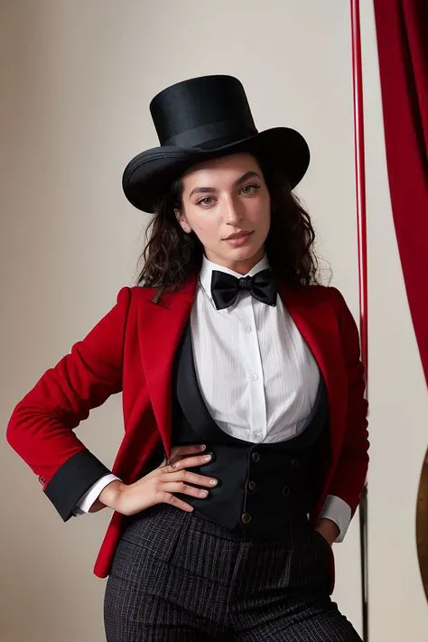 DEN_capsblazem_SG,
performing in a (circus:1.2) wearing a red and black (blazer:1.1) and white (shirt:1.1) and cream (trousers:1.1) and black bow tie and (top hat:1.1), ring leader, circus,
bokeh, f1.4, 40mm, photorealistic, raw, 8k, textured skin, skin pores, intricate details  <lora:epi_noiseoffset2:1>, epiCRealism, <lora:ClothingAdjuster3:-0.8>