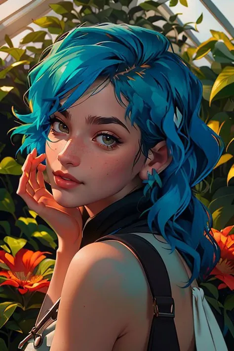 DEN_capsblazem_SG,
in a giant glass green house filled with exotic flowers and plants wearing overalls and a bandana walking through the flowers, arboretum, green house, glass, plants, flowers,
bokeh, f1.4, 40mm, photorealistic, raw, 8k, textured skin, skin pores, intricate details <lora:epi_noiseoffset2:1>, epiCRealism,