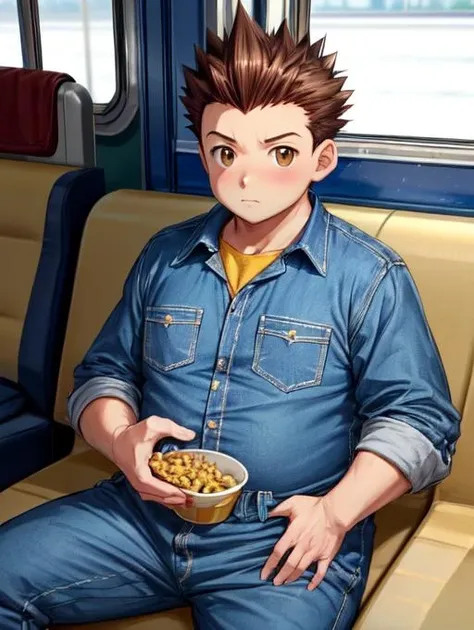 best quality, masterpiece, highres, detailed, perfect anatomy, <lora:Detail - add_detail:0.2>, brown eyes, spiked hair, blue jumpsuit, yellow pockets, 1boy, chubby, JunpeiShiba, on a train, indoors, eating snacks, <lora:JunpeiShiba-10:0.8>