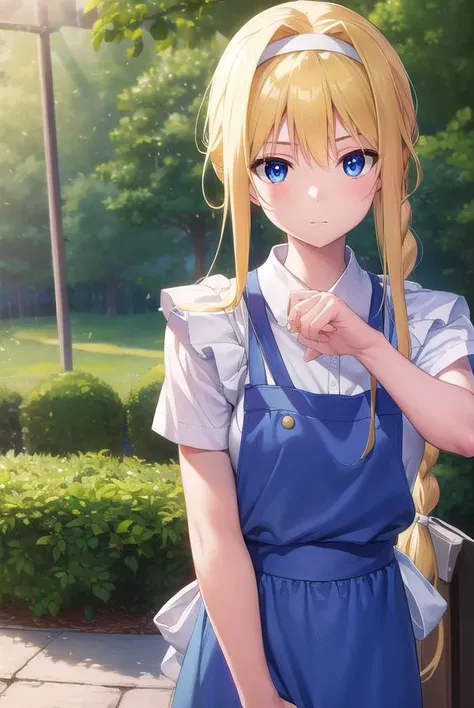 alicezuberg, <lora:alicezuberg-lora-nochekaiser:1>,
alice zuberg, bangs, blue eyes, blonde hair, hair between eyes, very long hair, braid, hairband, white hairband,
BREAK dress, bow, ribbon, short sleeves, frills, apron, puffy short sleeves, blue dress, brown footwear, knee boots, white bow, white apron, frilled apron,
BREAK outside, forest, nature, sun, sky,
BREAK looking at viewer, (cowboy shot:1.5),
BREAK <lyco:GoodHands-beta2:1>, (masterpiece:1.2), best quality, high resolution, unity 8k wallpaper, (illustration:0.8), (beautiful detailed eyes:1.6), extremely detailed face, perfect lighting, extremely detailed CG, (perfect hands, perfect anatomy),