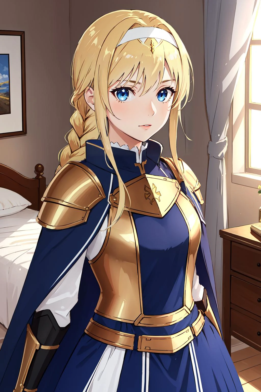 (masterpiece, best quality), intricate details,
1girl, <lora:alicezuberg-lora-nochekaiser:0.8> alice zuberg, bangs, blue eyes, blonde hair, hair between eyes, very long hair, braid, hairband, white hairband,, dress, cape, armor, blue dress, shoulder armor, gauntlets, pauldrons, breastplate, armored dress, faulds, blue cape, knight, (gold armor:1.1), body armor,
indoors, bedroom,