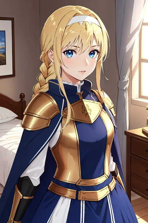 (masterpiece, best quality),  intricate details,
1girl,     <lora:alicezuberg-lora-nochekaiser:0.8> alice zuberg, bangs, blue eyes, blonde hair, hair between eyes, very long hair, braid, hairband, white hairband,, dress, cape, armor, blue dress, shoulder armor, gauntlets, pauldrons, breastplate, armored dress, faulds, blue cape, knight, (gold armor:1.1), body armor,
indoors, bedroom,