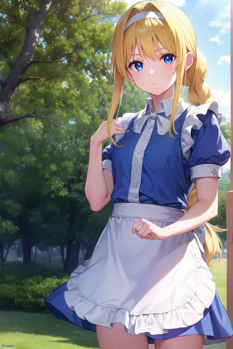 alicezuberg, <lora:alicezuberg-lora-nochekaiser:1>,
alice zuberg, bangs, blue eyes, blonde hair, hair between eyes, very long hair, braid, hairband, white hairband,
BREAK dress, bow, ribbon, short sleeves, frills, apron, puffy short sleeves, blue dress, brown footwear, knee boots, white bow, white apron, frilled apron,
BREAK outside, forest, nature, sun, sky,
BREAK looking at viewer, (cowboy shot:1.5),
BREAK <lyco:GoodHands-beta2:1>, (masterpiece:1.2), best quality, high resolution, unity 8k wallpaper, (illustration:0.8), (beautiful detailed eyes:1.6), extremely detailed face, perfect lighting, extremely detailed CG, (perfect hands, perfect anatomy),