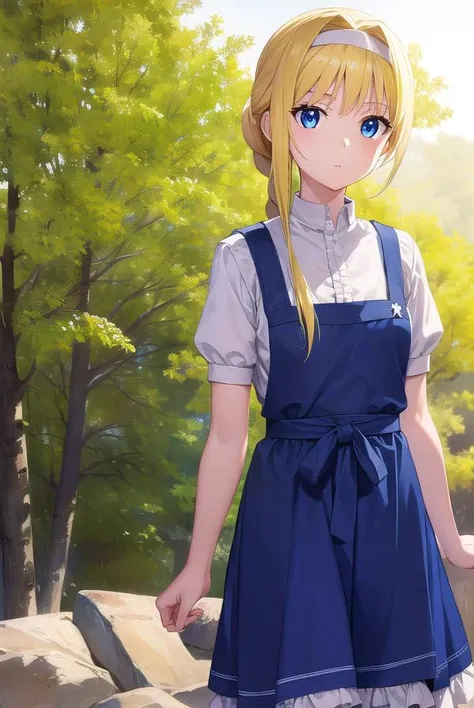 alicezuberg, <lora:alicezuberg-lora-nochekaiser:1>,
alice zuberg, bangs, blue eyes, blonde hair, hair between eyes, very long hair, braid, hairband, white hairband,
BREAK dress, bow, ribbon, short sleeves, frills, apron, puffy short sleeves, blue dress, brown footwear, knee boots, white bow, white apron, frilled apron,
BREAK outside, forest, nature, sun, sky,
BREAK looking at viewer, (cowboy shot:1.5),
BREAK <lyco:GoodHands-beta2:1>, (masterpiece:1.2), best quality, high resolution, unity 8k wallpaper, (illustration:0.8), (beautiful detailed eyes:1.6), extremely detailed face, perfect lighting, extremely detailed CG, (perfect hands, perfect anatomy),