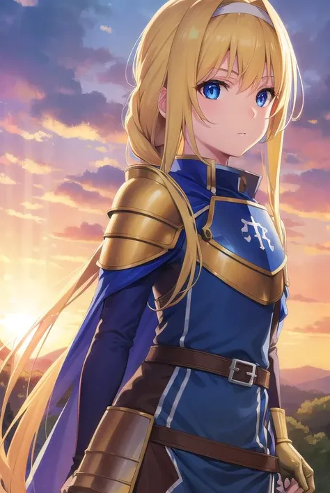 alicezuberg, <lora:alicezuberg-lora-nochekaiser:1>,
alice zuberg, bangs, blue eyes, blonde hair, hair between eyes, very long hair, braid, hairband, white hairband,
BREAK dress, cape, armor, blue dress, shoulder armor, gauntlets, pauldrons, breastplate, armored dress, faulds, blue cape, knight, gold armor, body armor,
BREAK outside, forest, nature, sun, sky,
BREAK looking at viewer, (cowboy shot:1.5),
BREAK <lyco:GoodHands-beta2:1>, (masterpiece:1.2), best quality, high resolution, unity 8k wallpaper, (illustration:0.8), (beautiful detailed eyes:1.6), extremely detailed face, perfect lighting, extremely detailed CG, (perfect hands, perfect anatomy),
