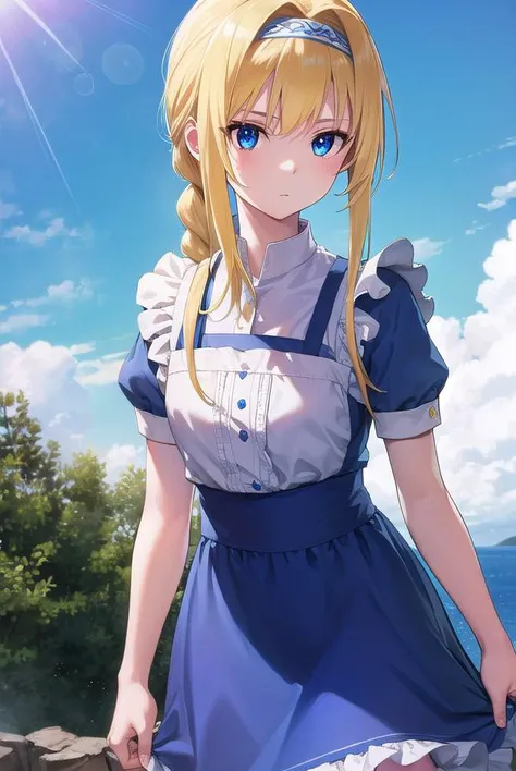 alicezuberg, <lora:alicezuberg-lora-nochekaiser:1>,
alice zuberg, bangs, blue eyes, blonde hair, hair between eyes, very long hair, braid, hairband, white hairband,
BREAK dress, bow, ribbon, short sleeves, frills, apron, puffy short sleeves, blue dress, brown footwear, knee boots, white bow, white apron, frilled apron,
BREAK outside, forest, nature, sun, sky,
BREAK looking at viewer, (cowboy shot:1.5),
BREAK <lyco:GoodHands-beta2:1>, (masterpiece:1.2), best quality, high resolution, unity 8k wallpaper, (illustration:0.8), (beautiful detailed eyes:1.6), extremely detailed face, perfect lighting, extremely detailed CG, (perfect hands, perfect anatomy),