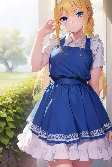 alicezuberg, <lora:alicezuberg-lora-nochekaiser:1>,
alice zuberg, bangs, blue eyes, blonde hair, hair between eyes, very long hair, braid, hairband, white hairband,
BREAK dress, bow, ribbon, short sleeves, frills, apron, puffy short sleeves, blue dress, brown footwear, knee boots, white bow, white apron, frilled apron,
BREAK outside, forest, nature, sun, sky,
BREAK looking at viewer, (cowboy shot:1.5),
BREAK <lyco:GoodHands-beta2:1>, (masterpiece:1.2), best quality, high resolution, unity 8k wallpaper, (illustration:0.8), (beautiful detailed eyes:1.6), extremely detailed face, perfect lighting, extremely detailed CG, (perfect hands, perfect anatomy),