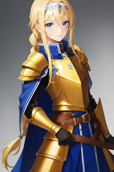 (masterpiece, best quality), intricate details,
1girl, <lora:alicezuberg-lora-nochekaiser:0.8> alice zuberg, bangs, blue eyes, blonde hair, hair between eyes, very long hair, braid, hairband, white hairband,, dress, cape, armor, blue dress, shoulder armor, gauntlets, pauldrons, breastplate, armored dress, faulds, blue cape, knight, (gold armor:1.1), body armor,