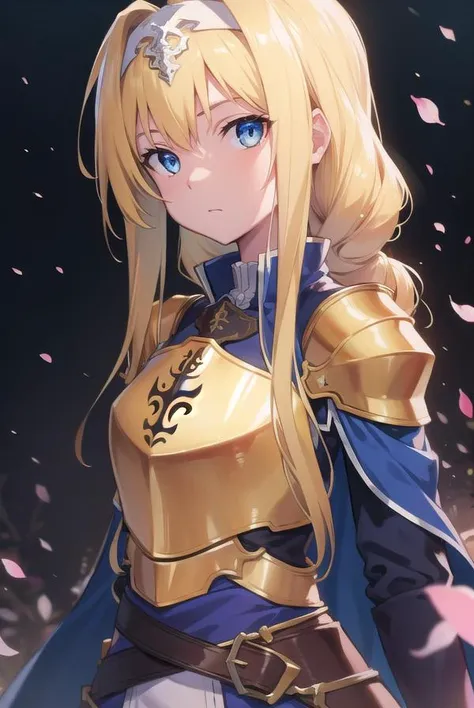 alicezuberg, <lora:alicezubergtest:1>, alice zuberg, bangs, blue eyes, blonde hair, hair between eyes, very long hair, braid, hairband, white hairband,,
BREAK dress, cape, armor, blue dress, shoulder armor, gauntlets, pauldrons, breastplate, armored dress, faulds, blue cape, knight, gold armor, body armor,,
BREAK outside, forest,
BREAK looking at viewer, BREAK <lora:GoodHands-vanilla:1>, (masterpiece:1.2), best quality, high resolution, unity 8k wallpaper, (illustration:0.8), (beautiful detailed eyes:1.6), extremely detailed face, perfect lighting, extremely detailed CG, (perfect hands, perfect anatomy),