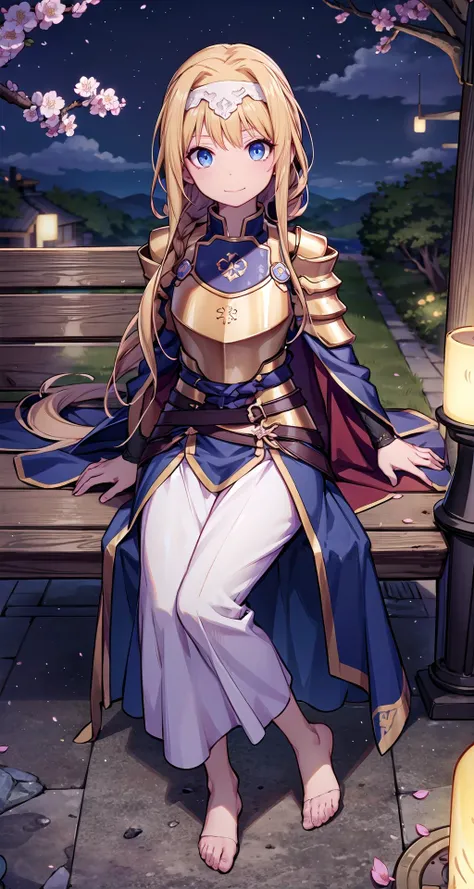 (masterpiece),(intricate details),1girl,mature female,huge breasts
BREAK
alicezuberg, <lora:alicezubergtest:1>, alice zuberg, bangs, blue eyes, blonde hair, hair between eyes, very long hair, braid, hairband, white hairband,, BREAK dress, cape, armor, blue dress, shoulder armor, gauntlets, pauldrons, breastplate, armored dress, faulds, blue cape, knight, gold armor, body armor,
barefoot,depth of field,looking at viewer,random view,((sit on the , Outdoor_area_filled_with_blooming_cherry_blossom_trees,)),((full body)),smirk
BREAK
moon,night,meteor,hanabi,bus stop,((cumulonimbus)),from above:1.3,