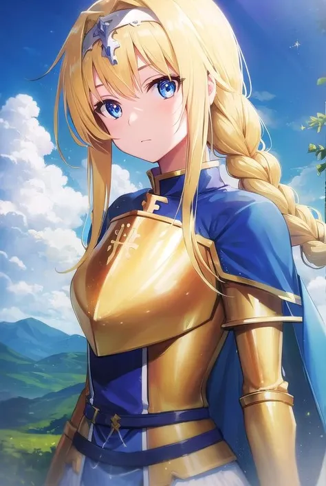alicezuberg, <lora:alicezuberg-lora-nochekaiser:1>,
alice zuberg, bangs, blue eyes, blonde hair, hair between eyes, very long hair, braid, hairband, white hairband,
BREAK dress, cape, armor, blue dress, shoulder armor, gauntlets, pauldrons, breastplate, armored dress, faulds, blue cape, knight, (gold armor:1.5), body armor,
BREAK outside, forest, nature, sun, sky,
BREAK looking at viewer, (cowboy shot:1.5),
BREAK <lyco:GoodHands-beta2:1>, (masterpiece:1.2), best quality, high resolution, unity 8k wallpaper, (illustration:0.8), (beautiful detailed eyes:1.6), extremely detailed face, perfect lighting, extremely detailed CG, (perfect hands, perfect anatomy),
