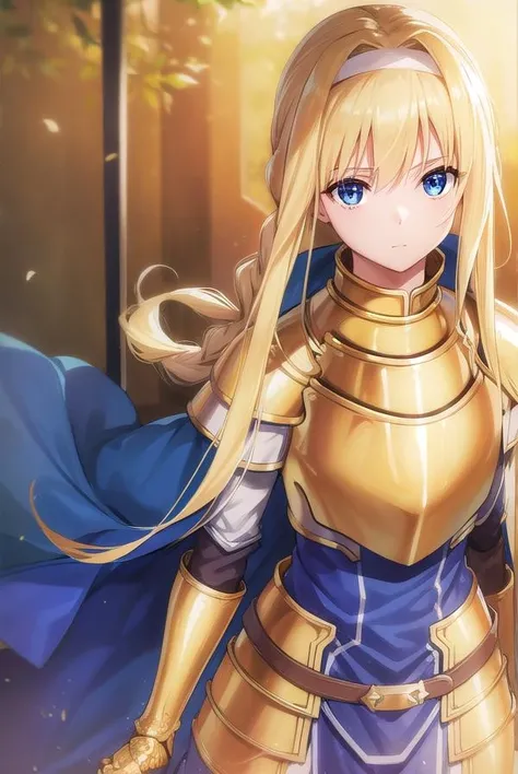 alicezuberg, <lora:alicezuberg-lora-nochekaiser:1>,
alice zuberg, bangs, blue eyes, blonde hair, hair between eyes, very long hair, braid, hairband, white hairband,
BREAK dress, cape, armor, blue dress, shoulder armor, gauntlets, pauldrons, breastplate, armored dress, faulds, blue cape, knight, (gold armor:1.5), body armor,
BREAK outside, forest, nature, sun, sky,
BREAK looking at viewer, (cowboy shot:1.5),
BREAK <lyco:GoodHands-beta2:1>, (masterpiece:1.2), best quality, high resolution, unity 8k wallpaper, (illustration:0.8), (beautiful detailed eyes:1.6), extremely detailed face, perfect lighting, extremely detailed CG, (perfect hands, perfect anatomy),