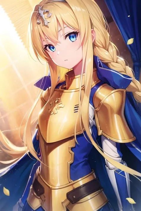 alicezuberg, <lora:alicezuberg-lora-nochekaiser:1>,
alice zuberg, bangs, blue eyes, blonde hair, hair between eyes, very long hair, braid, hairband, white hairband,
BREAK dress, cape, armor, blue dress, shoulder armor, gauntlets, pauldrons, breastplate, armored dress, faulds, blue cape, knight, (gold armor:1.5), body armor,
BREAK outside, forest, nature, sun, sky,
BREAK looking at viewer, (cowboy shot:1.5),
BREAK <lyco:GoodHands-beta2:1>, (masterpiece:1.2), best quality, high resolution, unity 8k wallpaper, (illustration:0.8), (beautiful detailed eyes:1.6), extremely detailed face, perfect lighting, extremely detailed CG, (perfect hands, perfect anatomy),