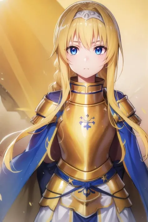 alicezuberg, <lora:alicezuberg-lora-nochekaiser:1>,
alice zuberg, bangs, blue eyes, blonde hair, hair between eyes, very long hair, braid, hairband, white hairband,
BREAK dress, cape, armor, blue dress, shoulder armor, gauntlets, pauldrons, breastplate, armored dress, faulds, blue cape, knight, (gold armor:1.5), body armor,
BREAK outside, forest, nature, sun, sky,
BREAK looking at viewer, (cowboy shot:1.5),
BREAK <lyco:GoodHands-beta2:1>, (masterpiece:1.2), best quality, high resolution, unity 8k wallpaper, (illustration:0.8), (beautiful detailed eyes:1.6), extremely detailed face, perfect lighting, extremely detailed CG, (perfect hands, perfect anatomy),