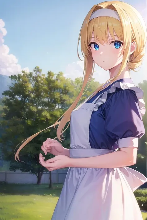 alicezuberg, <lora:alicezuberg-lora-nochekaiser:1>, 
alice zuberg, bangs, blue eyes, blonde hair, hair between eyes, very long hair, braid, hairband, white hairband,
BREAK dress, bow, ribbon, short sleeves, frills, apron, puffy short sleeves, blue dress, brown footwear, knee boots, white bow, white apron, frilled apron,
BREAK outside, forest, nature, sun, sky,
BREAK looking at viewer, (cowboy shot:1.5),
BREAK <lyco:GoodHands-beta2:1>, (masterpiece:1.2), best quality, high resolution, unity 8k wallpaper, (illustration:0.8), (beautiful detailed eyes:1.6), extremely detailed face, perfect lighting, extremely detailed CG, (perfect hands, perfect anatomy),