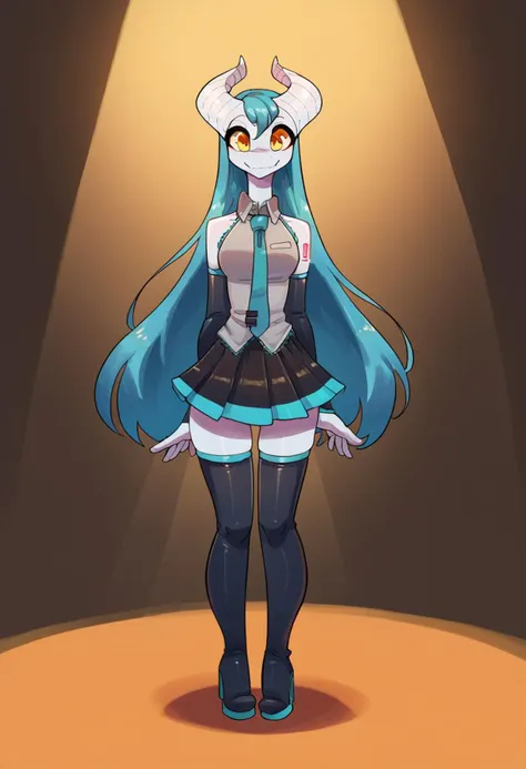 score_9, score_8_up, score_7_up, mis'alia, 1girl, solo, furry female, white skin, dragon girl, horns, blue hair, snout, smile, shiny skin, looking at viewer, thigh boots, high heel boots, hatsune miku outfit, skirt, elbow gloves, thighhighs, spotlight