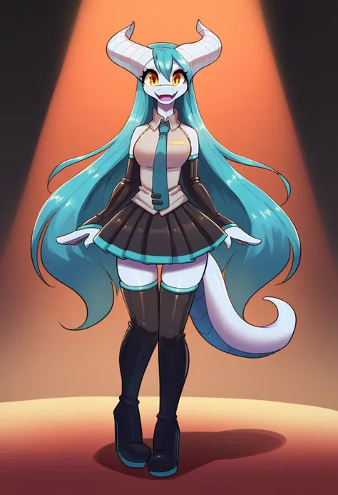 score_9, score_8_up, score_7_up, mis'alia, 1girl, solo, furry female, white skin, dragon girl, horns, blue hair, snout, smile, shiny skin, looking at viewer, thigh boots, high heel boots, hatsune miku outfit, skirt, elbow gloves, thighhighs, concert stage, spotlight, waving, open mouth