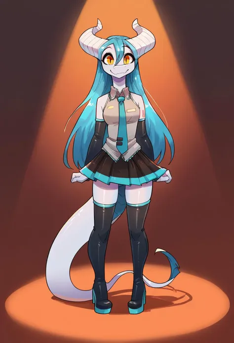 score_9, score_8_up, score_7_up, mis'alia, 1girl, solo, furry female, white skin, dragon girl, horns, blue hair, snout, smile, shiny skin, looking at viewer, thigh boots, high heel boots, hatsune miku outfit, skirt, elbow gloves, thighhighs, spotlight