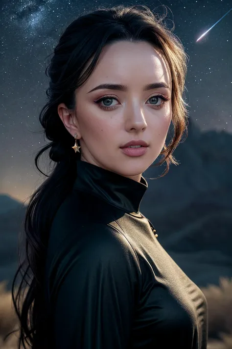 perfect cinematic shoot of a beautiful woman (EPF3rnBr4dy:.99), a woman standing at a High desert mesa, perfect high ponytail, wearing sexy purple (dress), (shooting star cascade in background:1.2), (detailed background:1.1), (face focus), modelshoot style, (extremely detailed CG unity 8k wallpaper), professional majestic (photography by Roberto Ferri:1.1), 24mm, exposure blend, hdr, extremely intricate, High (Detail:1.1), dramatic, soft cinematic light, (looking at viewer), (detailed pupils),8k, highly detailed, rich environment, 4k textures, soft cinematic light, elegant, ((((cinematic look)))), soothing tones, insane details, hyperdetailed, ("In Jernau we trust!":1.1)
