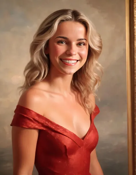 ((masterpiece)), ((detailed)), ((best quality)), (Breathtaking), ((Spectacular)), (Impressive), Woman,red dress,smile,blonde,Oil painting, Oil on canvas, Traditional painting, shallow lighting, Rim light, Separation light, Halo effect, Small aperture, Sharp from front to back. Liv Swearingen, wearing her breathtaking red dress and beaming with a blissful smile, posed gracefully as she stood before the masterpiece of an oil painting on canvas, created using best quality materials in the traditional style, illuminated by subtle shallow lighting that cast rim light to showcase her features, while separation lights provided a soft halo effect around her body, and every detail was captured with a small aperture, making her portraiture appear sharp from front to back. <lora:woihgx18e01fdef40i108:1>