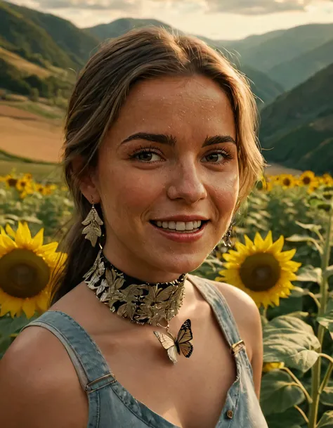 ((best quality)), ((masterpiece)), ((detailed)), Unparalleled, Mind-blowing, ((Elegant)), Landscape, Valley, Dale, Hollow,Dramatic lighting, Dynamic light, High contrast illumination, Intense lighting, Light trails,detailed background,mountain,clouds,sunflowers,sharp focus,((butterfly)), intricate texture,realistic, detailed facial features, highly detailed face,walking,1girl,smile,choker. In this unparalleled masterpiece, the subject depicts a series of beautifully detailed portraits in a breathtaking landscape of valleys and dales, with dramatic lighting illuminating both landscapes and human forms. Each portrait is captured by a camera lens with best quality, highlighting elegance, mind-blowing details and intense lighting; as the sun casts dynamic light and high contrast illumination upon this diverse array of characters.
Landscapes reveal detailed backgrounds of mountains, clouds, and fields of sunflowers, while the subjects' intricate textures accentuate their butterflies, birds, and other creatures. The portraits feature sharp focus on a variety of faces and bodies; from highly detailed faces with realistic features to chokers and walking girls adorned with jewelry. These scenes convey an intimate yet elegant atmosphere, showcasing a collection of unforgettable moments where each individual stands out with their own unique characteristics, ultimately converging into one grand, unparalleled masterpiece, captured by the ever-watchful eyes of Liv Swearingen. <lora:zvyosl18e0205db86k11e:1>