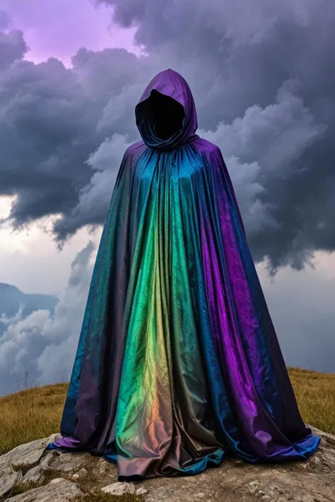 a wearing a flowing cloak and alien skin in a mountaineous background in the style of chromatic iridescence, dramatic cloudy sky, <lora:sdxl_lightning_8step_lora.safetensors:1.0>, <lora:add detail xl.safetensors:1.5>