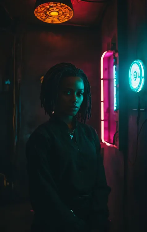 (cinematic photo Cyberpunk Environments, cyberpunk interior design:1.4), punk aesthetic, a fierce Ethiopian woman, iridescent colors, stunning interior background. warm and bright sunlight, a mesmerizing blend of light and shadow. masterpiece, absurdres, intricate details <lora:Cyber_Background_V2-SDXL:0.65>