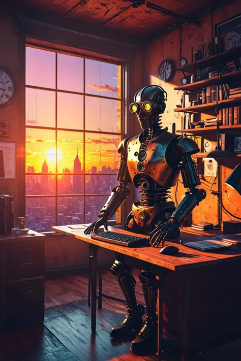 a steampunk automaton and office interior in a sunrise over solar punk city in the style of simple digital art, glitch effects over the eyes, <lora:sdxl_lightning_8step_lora.safetensors:1.0>, <lora:add detail xl.safetensors:1.5>