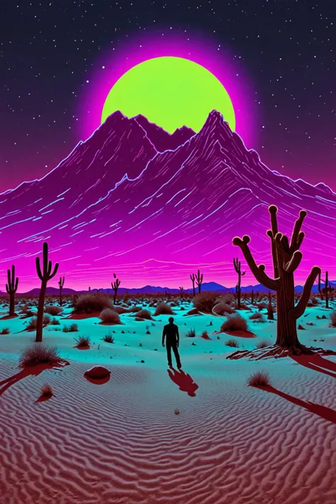 a gambrel roof and shounen jump in a desert scene in the style of neon color bioluminescence, campy color scheme, <lora:sdxl_lightning_8step_lora.safetensors:1.0>, <lora:add detail xl.safetensors:1.5>