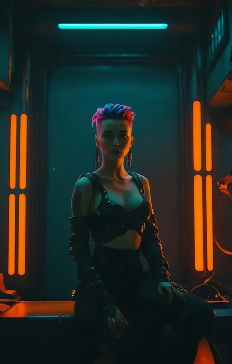 (cinematic photo Cyberpunk Environments, cyberpunk interior design), punk aesthetic, a statuesque Portossantense woman, vivid colors, stunning interior background. warm and bright sunlight, a mesmerizing blend of light and shadow. masterpiece, absurdres, intricate details <lora:Cyber_Background_V2-SDXL:0.9>