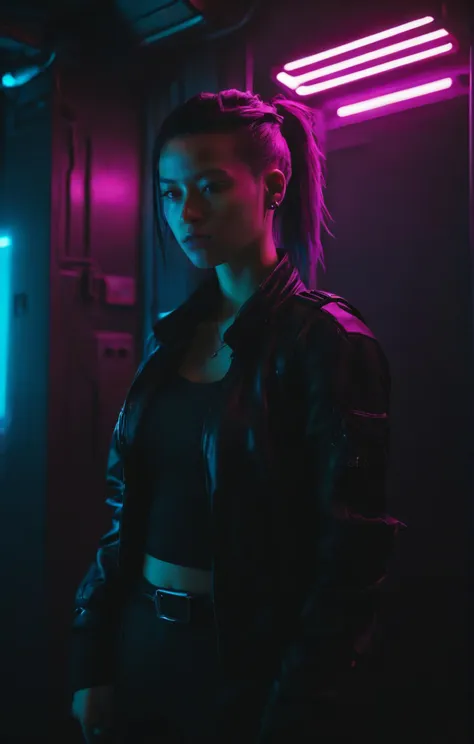 (cinematic photo Cyberpunk Environments, cyberpunk interior design:1.4), punk aesthetic, an adorable Malaysian woman, bright colors, stunning interior background. dark and moody, a mesmerizing blend of light and shadow. masterpiece, absurdres, intricate details <lora:Cyber_Background_V2-SDXL:0.65>