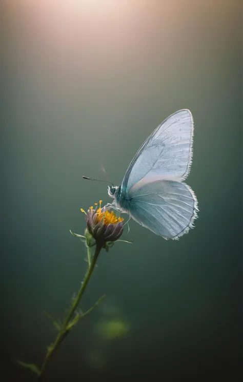 (mdfg, fog, made of fog), Coquette aesthetic, a butterfly with iridescent wings, perched on a blooming flower, holographic colors, stunning background. dark and moody, a mesmerizing blend of light and shadow. masterpiece, absurdres, intricate details <lora:fog_creatures_v4:0.45>