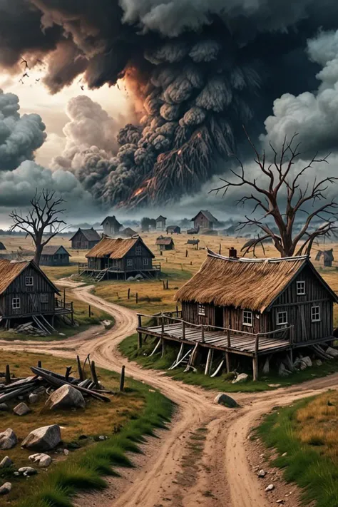 a cottages and wooden structures in a ! apocalypse landscape!! in the style of hyperrealism concept art, thot, <lora:sdxl_lightning_8step_lora.safetensors:1.0>, <lora:add detail xl.safetensors:1.5>