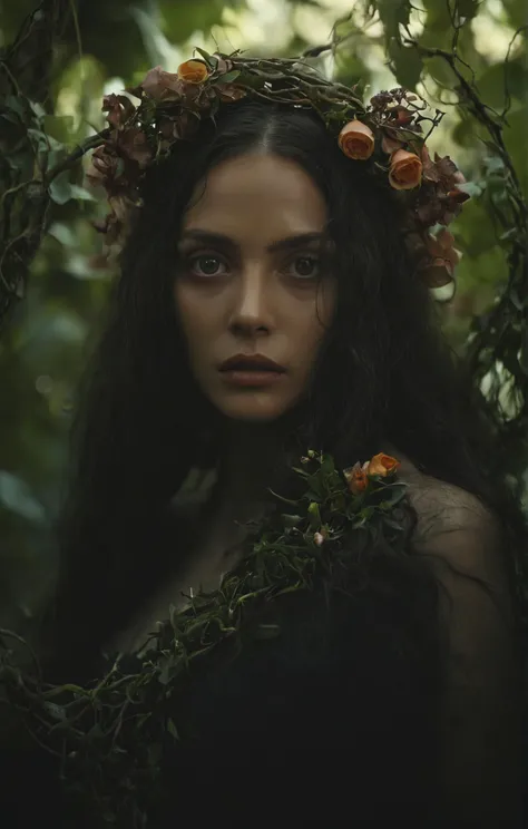 B-Movie Horror aesthetic, a strong Florense woman adorned with flowers and vines, appearing one with nature in a mystical portrait, soft-hued colors, stunning background. dark and moody, a mesmerizing blend of light and shadow. masterpiece, absurdres, intricate details